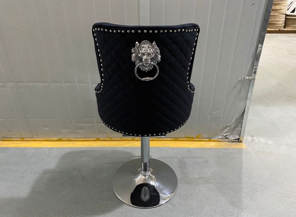 BLACK VELVET COUNTER HEIGHTS BAR STOOL WITH LION RING.