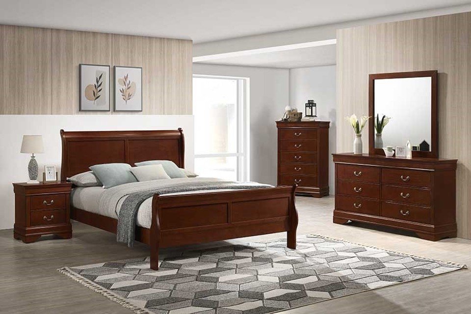 WOODEN DRESSER & MIRROR IN A CHERRY FINISH.